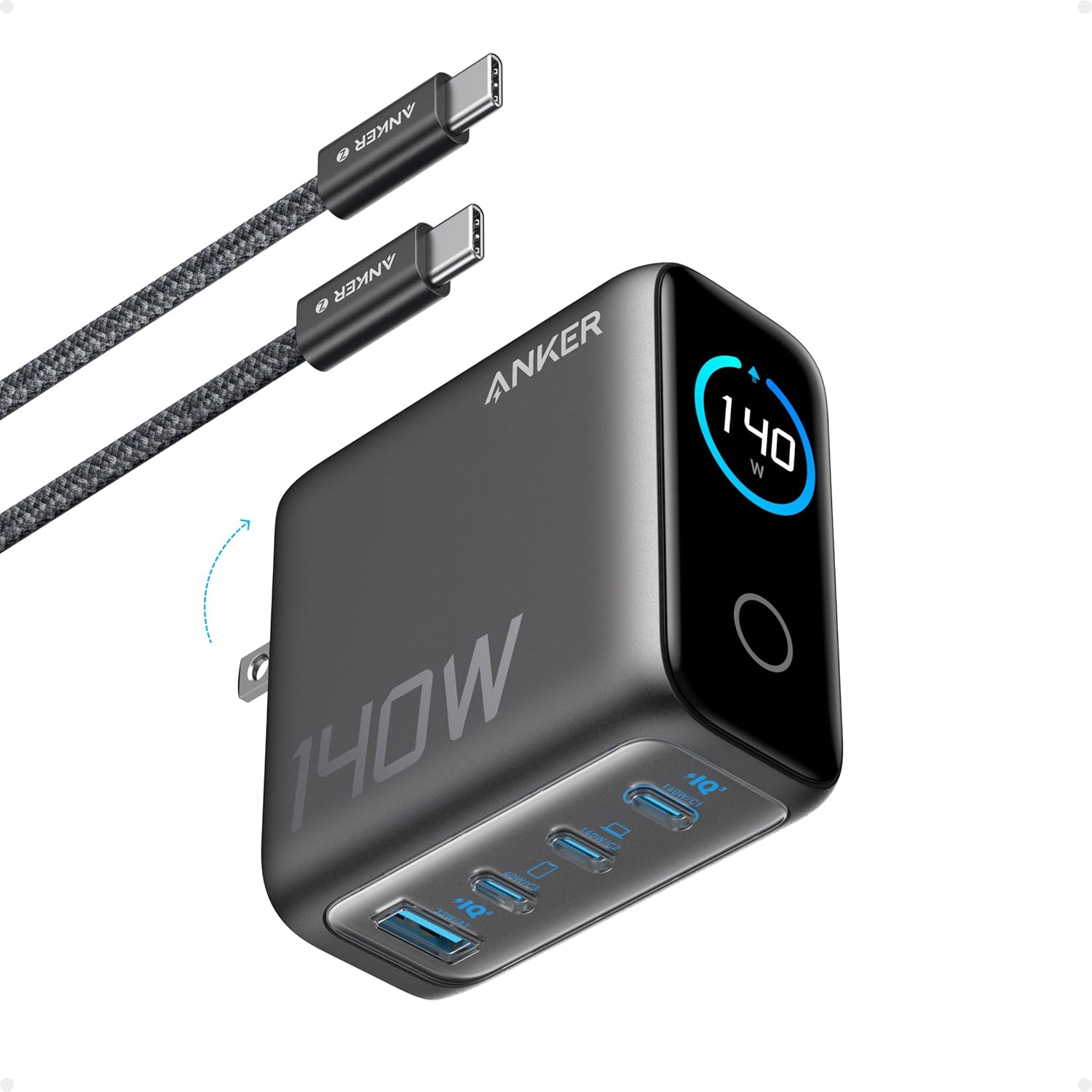 ANKER CHARGER (140W,4-PORT,GAN,USB C CABLE) DARK GREY