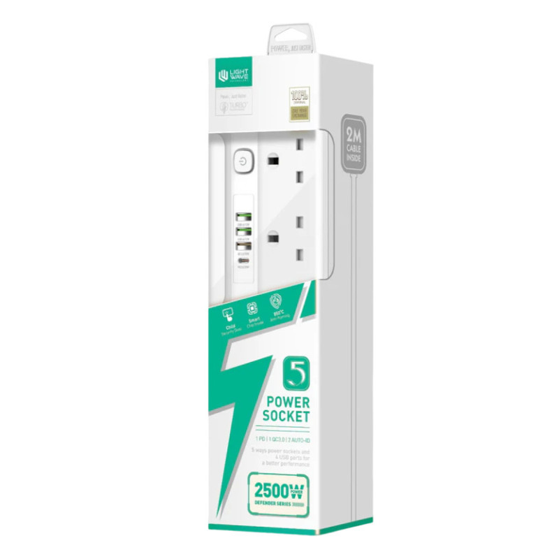 Lightwave Extension Socket- 2 Metres 5 WAY t220V– 250V / 10A 2500W LW EXT 54U