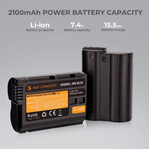 K&F Concept EN-EL15 EN-EL15A EN-EL15B 2 Pack Battery and Charger for Nikon