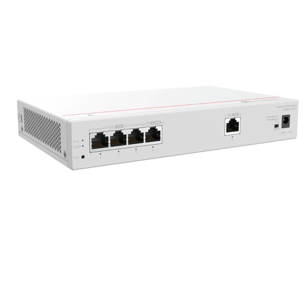 Huawei S380-L4P1T – 1*GE WAN, 4*GE LAN (PoE+, 50W),forwarding performance 2Gbps